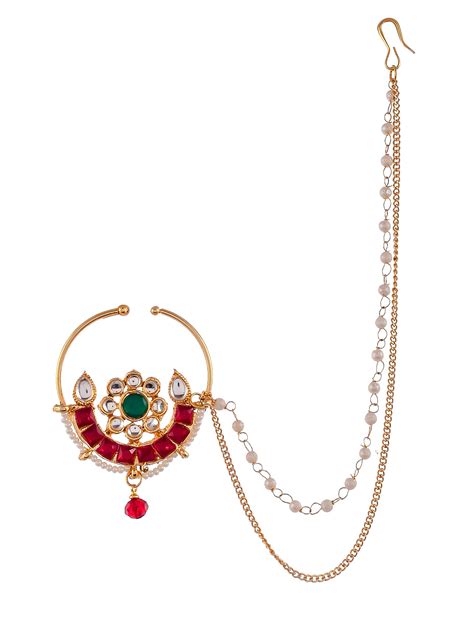 Buy Gold Plated White & Green Kundan Studded & Pearls Beaded Nose Ring ...