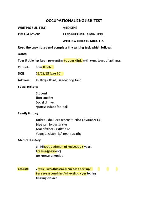 OET Writing Sample: Case Notes on Tom Riddle (Asthma Management) - Studocu
