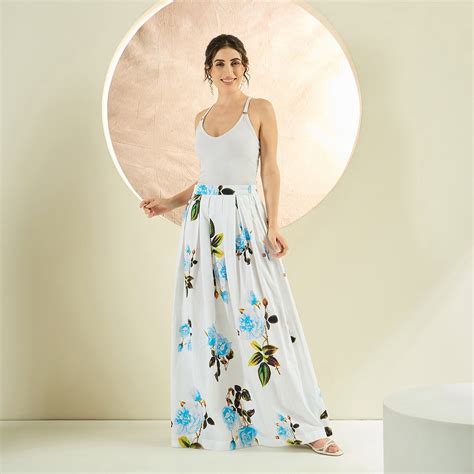 White and Light Blue Floral Long Skirt – First Resort by Ramola Bachchan