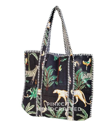 Buy Handmade Quilted Cotton Tote Bag | Jungle Print, Reversible Ethnic ...