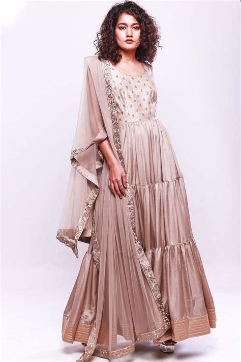 Pink Sand Layered Anarkali with Dupatta Set – Sejal Kamdar Designs
