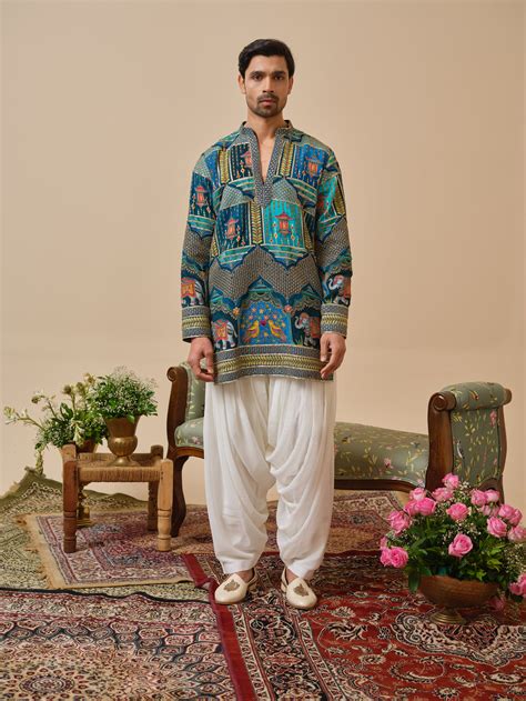 Teal Natural Crepe Kurta–Bottom Set with Cording Zari Embroidery ...