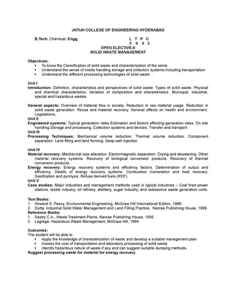 SWM Syllabus - JNTUH COLLEGE OF ENGINEERING HYDERABAD B. Chemical. Engg ...