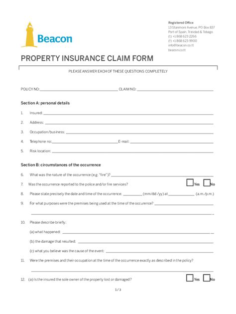 Property Insurance Claim Form - Blank Fillable Template | Fill Out ...