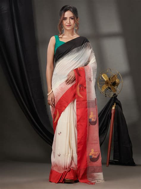 White Cotton Handspun Handwoven Saree With Woven Designs – Charukriti