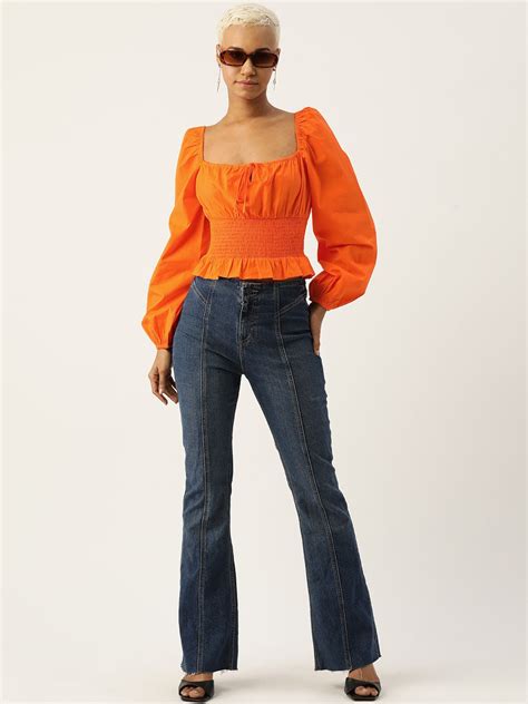 Tie-Up Neck Puff Sleeve Smocked Cotton Bardot Crop Top – RueCollections
