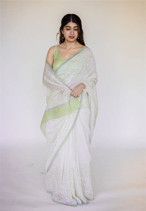 White Sanganeri Hand Block Print Chanderi Silk Saree – THE INDIAN ...
