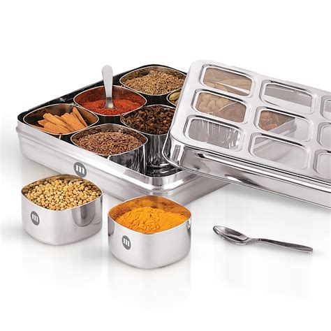 Buy MARU Stainless Steel 9-in-1 Square Masala Dabba – Spice Box with 9 ...