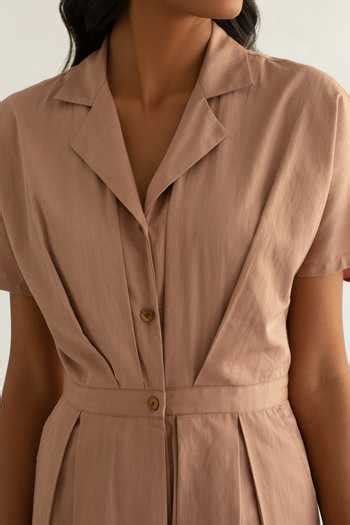 Buy Pink Cotton Satin Notched Collar Pleated Jumpsuit For Women by Cord ...