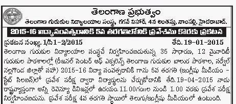 TSREIS Notification for Admission into 5th Class for 2015-16 Year ...