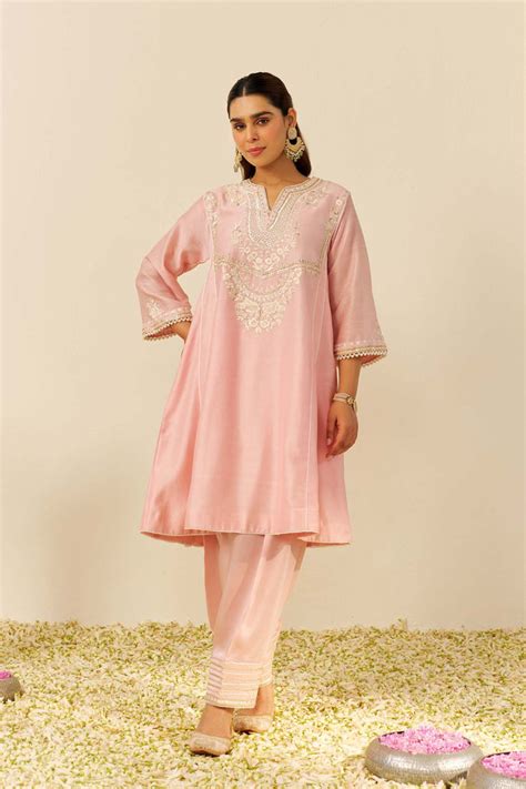 Aiza - Chanderi Silk Blush Pink Short Chauga Salwar Set | Sheetal Batra