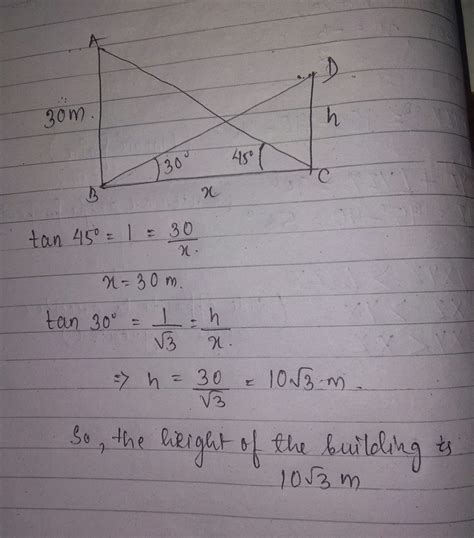 The angle of elevation of top building from foot the tower is 30 and ...