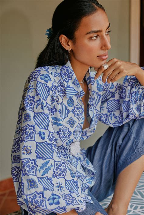 Women's 100% Cotton Blue and White Azulejos Belted Blouson - Verandah