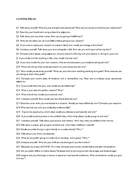 Pel ca - jakf jsBl - CA2 POOL PEL Q1. Talk about yourself. What are ...