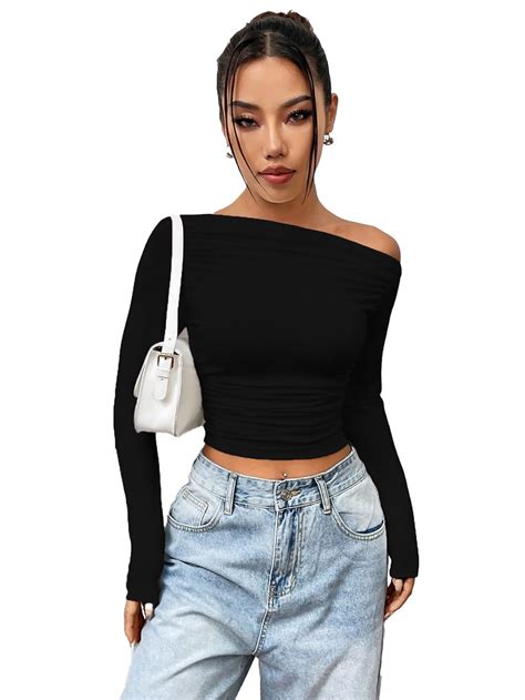 Buy Black Color Asymmetric Collar Pleated Cropped Top - Asymmetrical ...