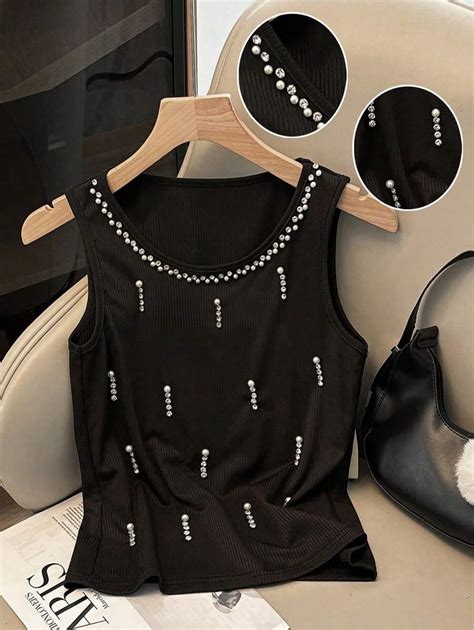Chiquease Fashionable Casual Slim Fit Crew Neck Rhinestone & Pearl ...