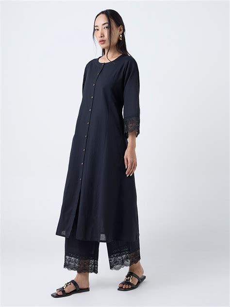 Buy Utsa Black Lace-Detailed Cotton-Blend A-Line Kurta from Westside ...