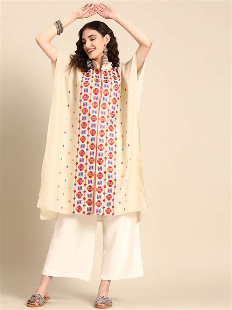 Women Floral Flared Sleeves Cotton Kaftan Kurta - Signet Scarves