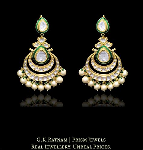 22k Gold and Diamond Polki Chand Bali Earring Pair with Green Enamelli ...