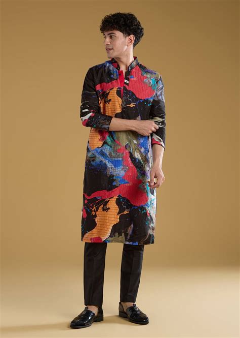 Buy Multicolour Black Rawsilk Abstract Printed Kurta Set| KALKI Fashion ...