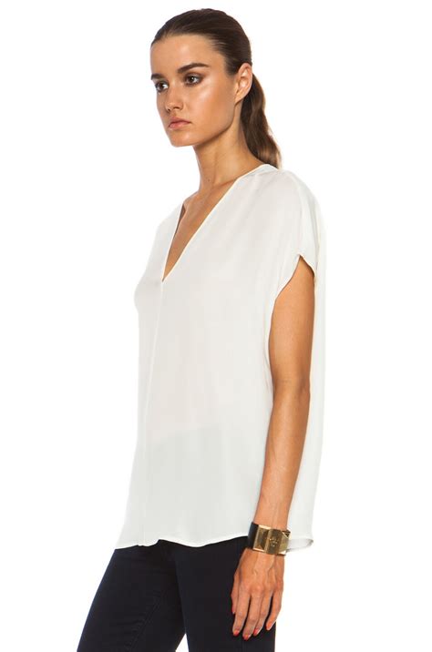 Vince Side Drape V-Neck Silk Blouse in Papyrus | FWRD