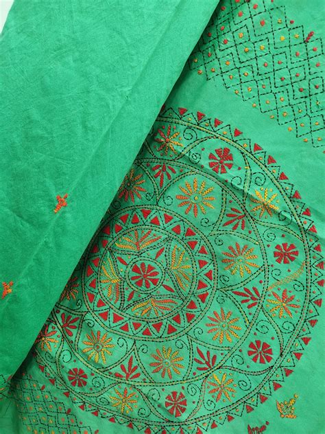 Assam Silk ((cotton silk) Kantha Work Saree - Teal Green – Phulari