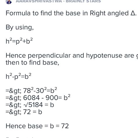 In a right angled triangle find base if perpendicular and hypotenuse ...