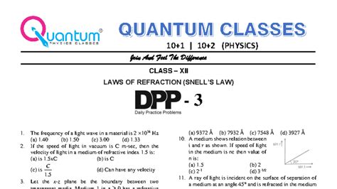 (PHYSICS) DPP - 3: Laws of Refraction (Snell's Law) Class XII - Studocu