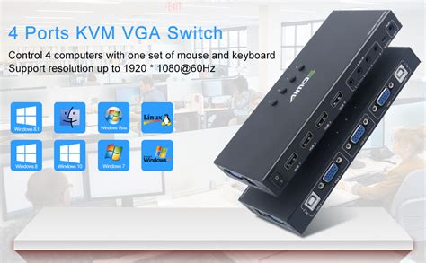 KCEVE 4 Ports KVM VGA Switch, USB 2.0 KVM Switcher Box with Audio ...