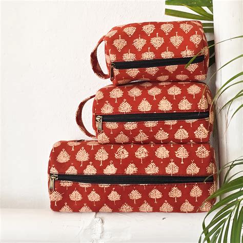 Travel Utility Multipurpose Pouches Pack Of 3 Bagru Rust Red With Smal ...