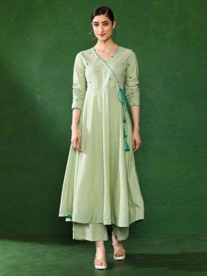 Buy Jaipur Kurti Women Light Green Angrakha Style Cotton Flared Kurta ...