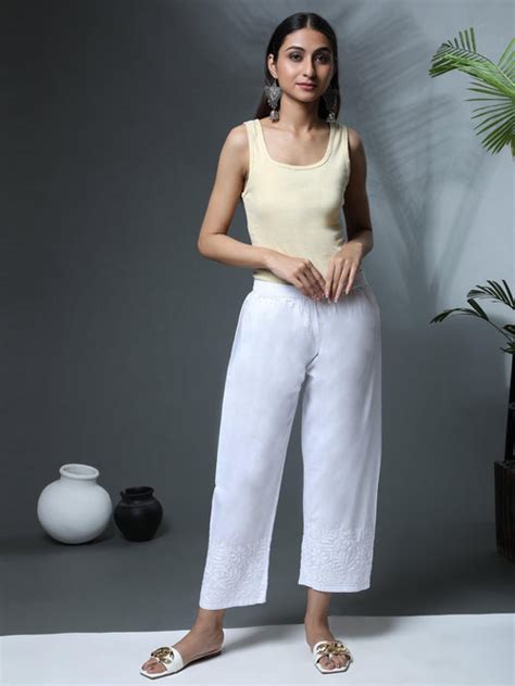 HOK Chikankari Cotton Pant Trouser White - House Of Kari (Chikankari ...