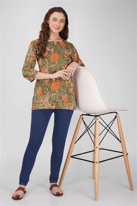 Green Floral Cotton Top for Women - SPARSA India