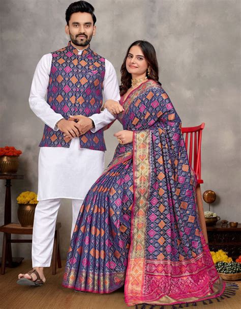 Best Couple wear Traditional Indian Men Kurta Pajama Koti and Women Sa ...
