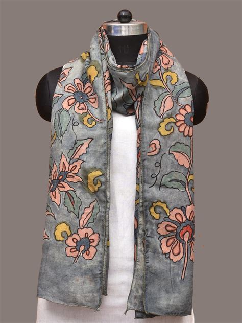 Grey Kalamkari Hand Painted Sico Stole with Floral Design ds3306 – Uppada