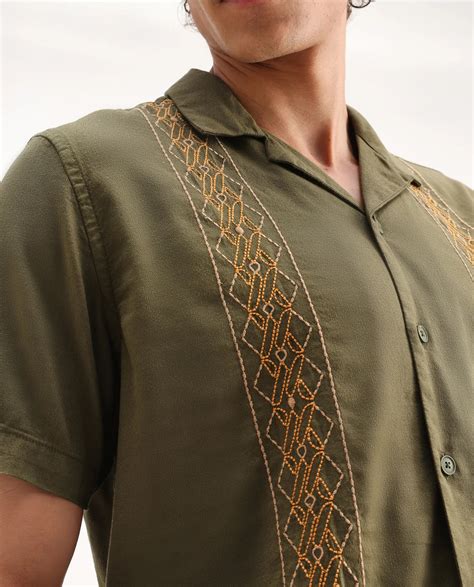 Rare Rabbit Men's Zedter-2 Olive Cotton Embroidered Relaxed Fit Half S