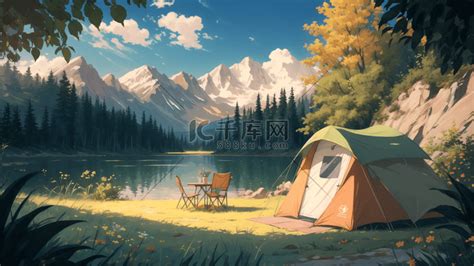 夏季树林小溪暑假露营野营手绘插画图片-千库网