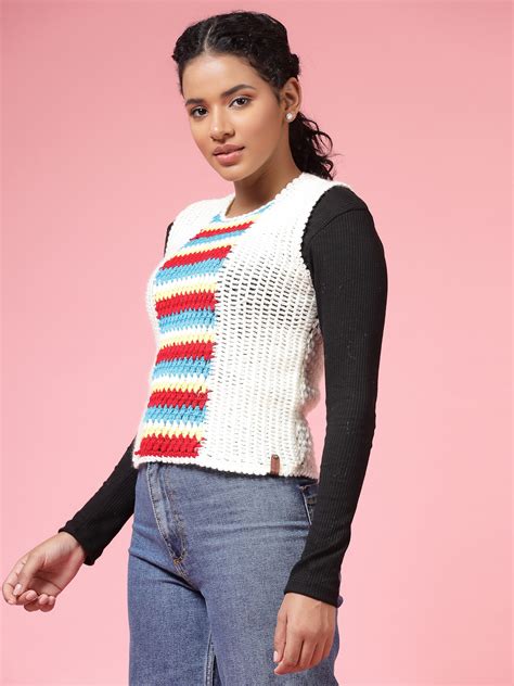 Velvery Handmade White & Multi Handmade Crochet Round Neck Sweater Vest