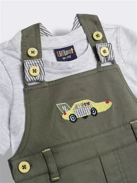 Baby Boys Applique Embroidered Cotton Dungaree Shorts with Knit T-Shir ...