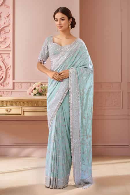 Buy Green Tissue Embroidered Floral Sweetheart Scallop Hem Saree With ...