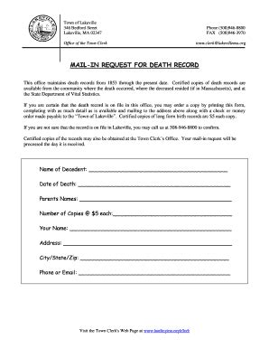 Fillable Online lakevillema MAIL-IN REQUEST FOR DEATH RECORD ...