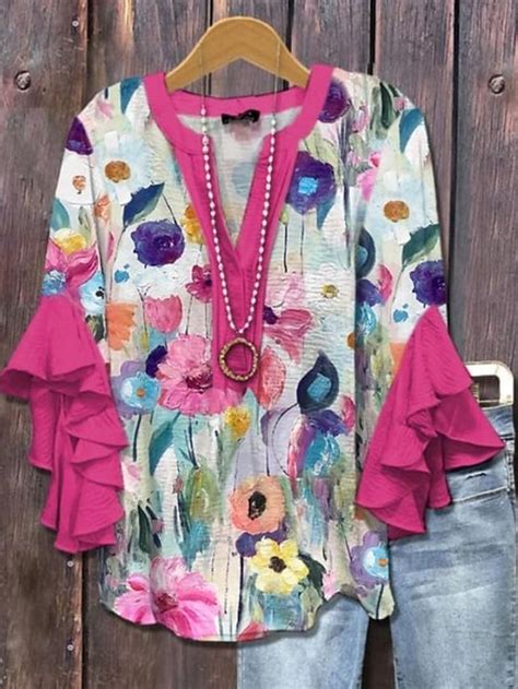 Women's Blouse V Neck Layered Ruffle Sleeve Tops Floral Graphic Paisley ...