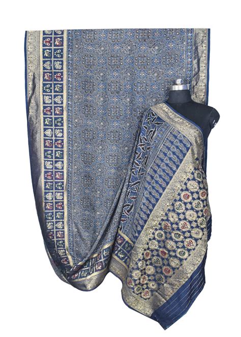 Ajrakh Dola Silk Natural Dye Hand Block Print Saree With Full nakshi B ...