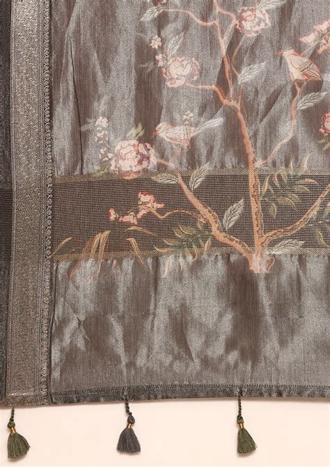 Buy Dusty Black Nature Inspired Printed And Dooby Structured Saree ...