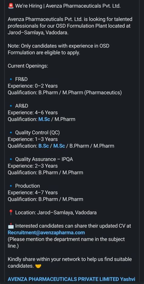 Avenza Pharmaceuticals Pvt. Ltd. Vadodara, Gujarat Job Openings For FR ...