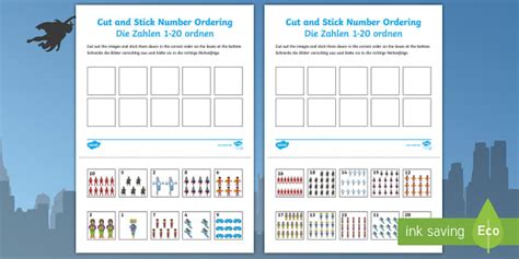 Superhero-Themed Cut and Stick Number Ordering Worksheets English/German