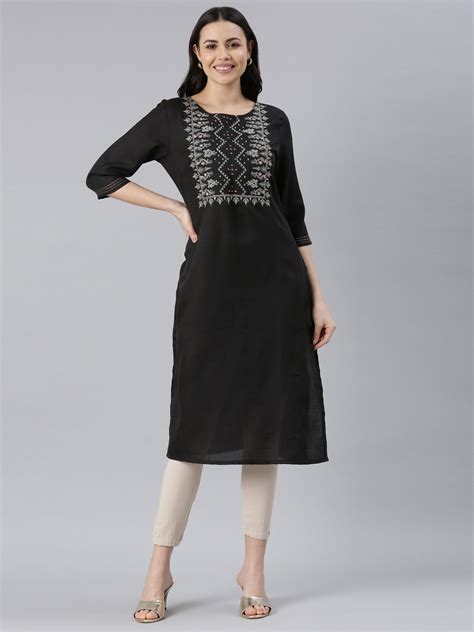 Elegant Embroidered Cotton Blend Straight Full Black Kurta – Samhitas