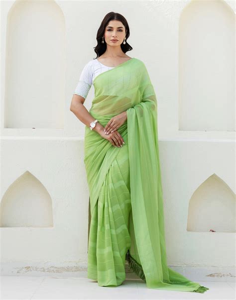 Light Green Georgette Woven Stripe Plain Saree – Sudathi