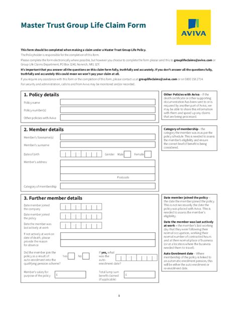 Fillable Online Master Trust Group Life Claim Form - Aviva plc Fax ...