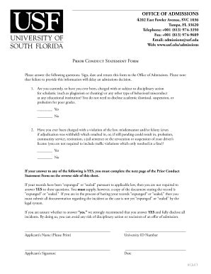 Prior Conduct Statement Form OFFICE OF AdmISSIOnS - Usfweb2 Usf - Fill ...